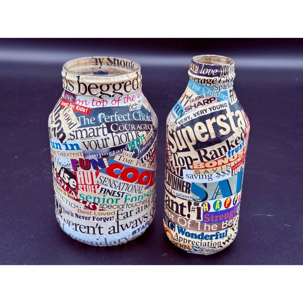 Vintage Decoupage Glass Bottle Set Ransom Note Typography Newspaper Collage 2pc
